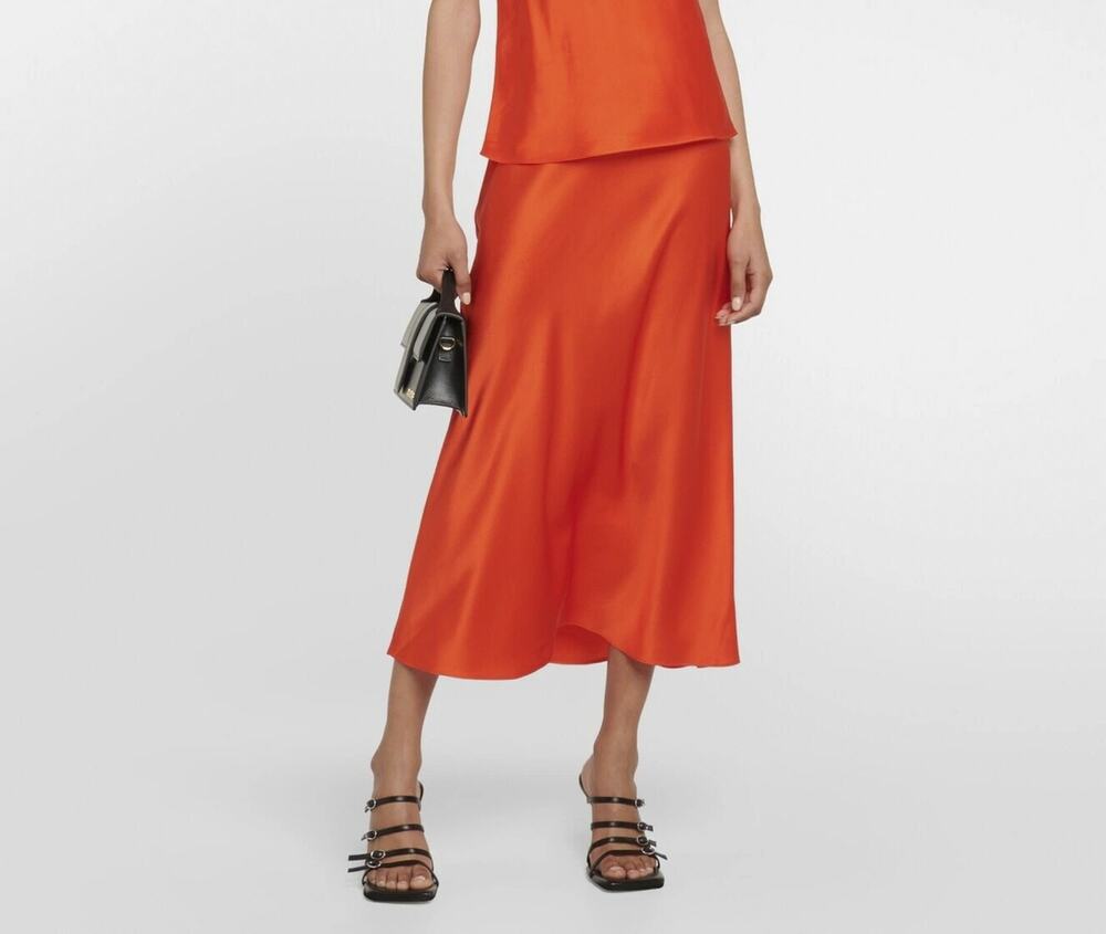 FRAME Women's Orange Silk Satin A-Line Midi Skirt Size XS $400